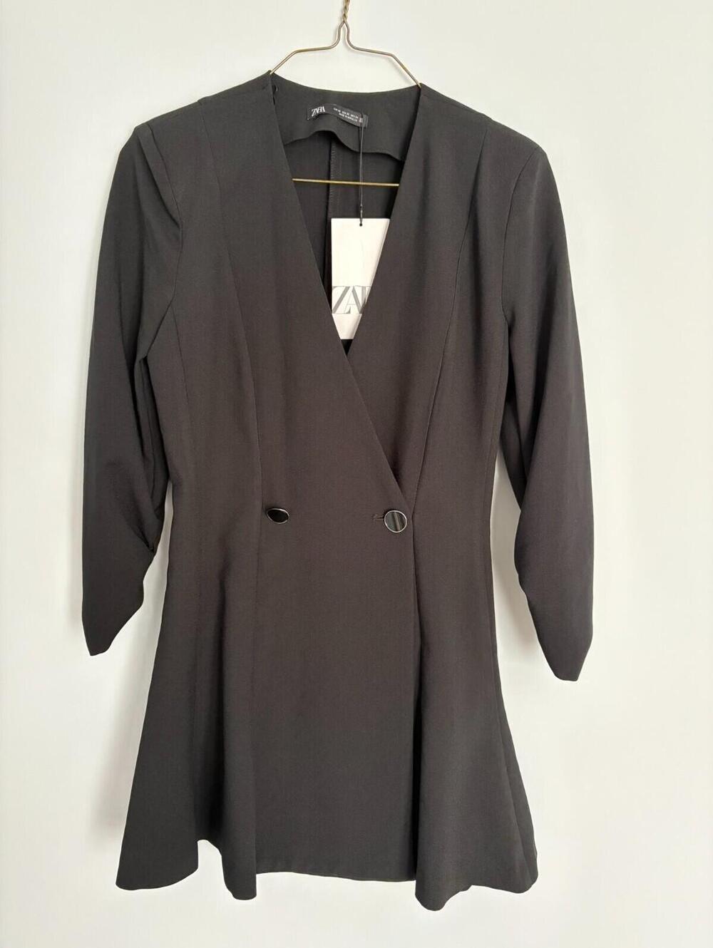 Zara XS Blazer Dress Skort Romper Double Breasted Black Ruched Sleeve Old Money